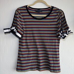 Tommy Hilfiger Women’s Medium Striped TShirt Cold Shoulder Bow Tie Sleeve Preppy